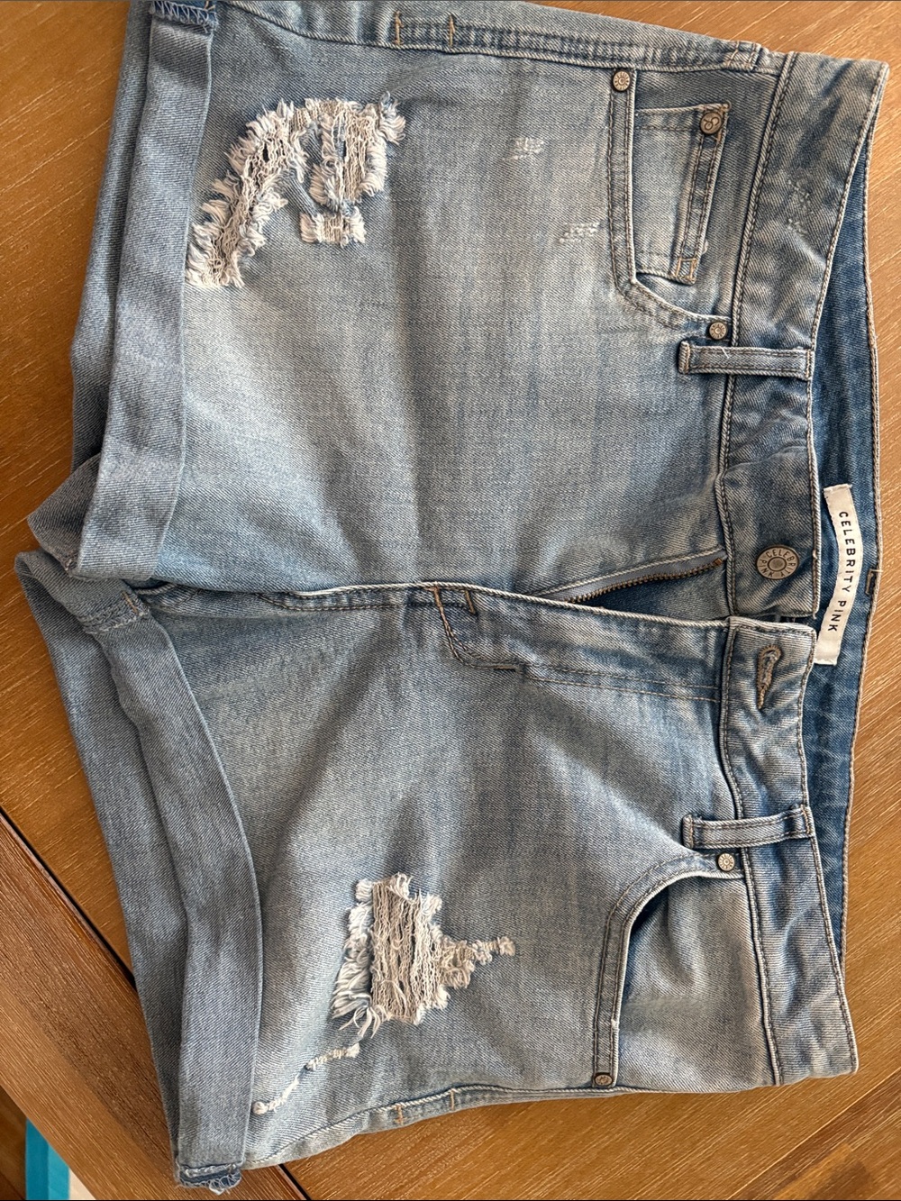 Celebrity Pink Light Blue Distressed Ankle Denim Shorts